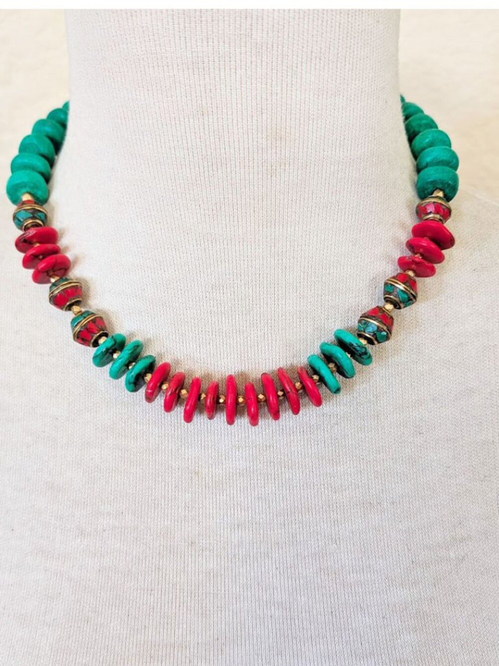 Southwestern Turquoise Blue & Red Coral Antiqued Gold Statement Necklace - Picture 1 of 3